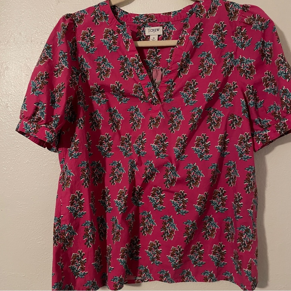 J.Crew Pink Blue Floral Puff Sleeve Cotton Blouse Small